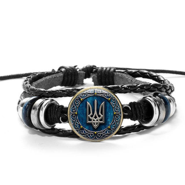 Ukraine Charm Bracelet, The Tryzub Bracelet - The Ukrainian Symbol with Glass Gem Multilayer PU Leather Wristband - Black