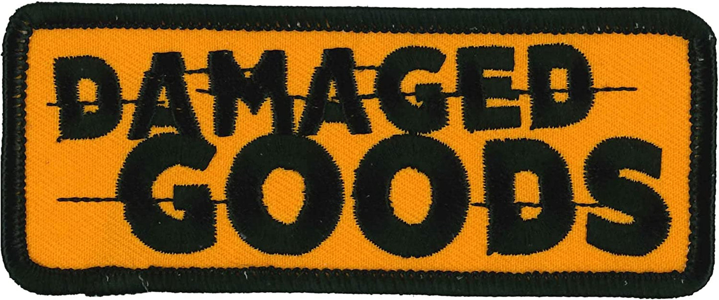 DAMAGED GOODS PATCH - High Thread Rayon Iron-On Heat Sealed Backing Sew-On Patch - 4" x 2"