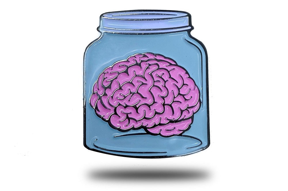 BRAIN IN A JAR PIN - Novelty Funny Brain in a Mason Jar, Enamel Lapel PIN, LIGHT BLUE - 3 cm x 2.7 cm