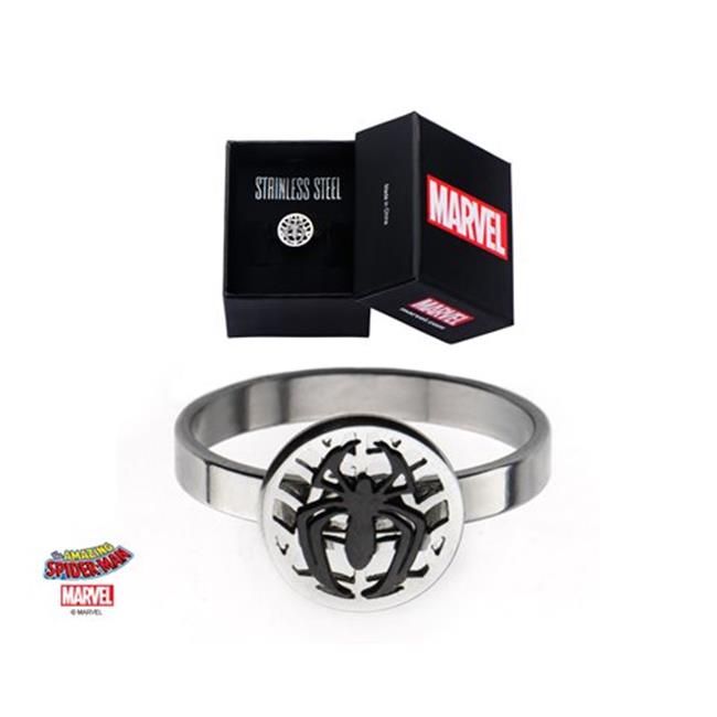 Silver Plated Brass Spider-Man Ring with Black IP Spider - Womens Ring, Size - 7