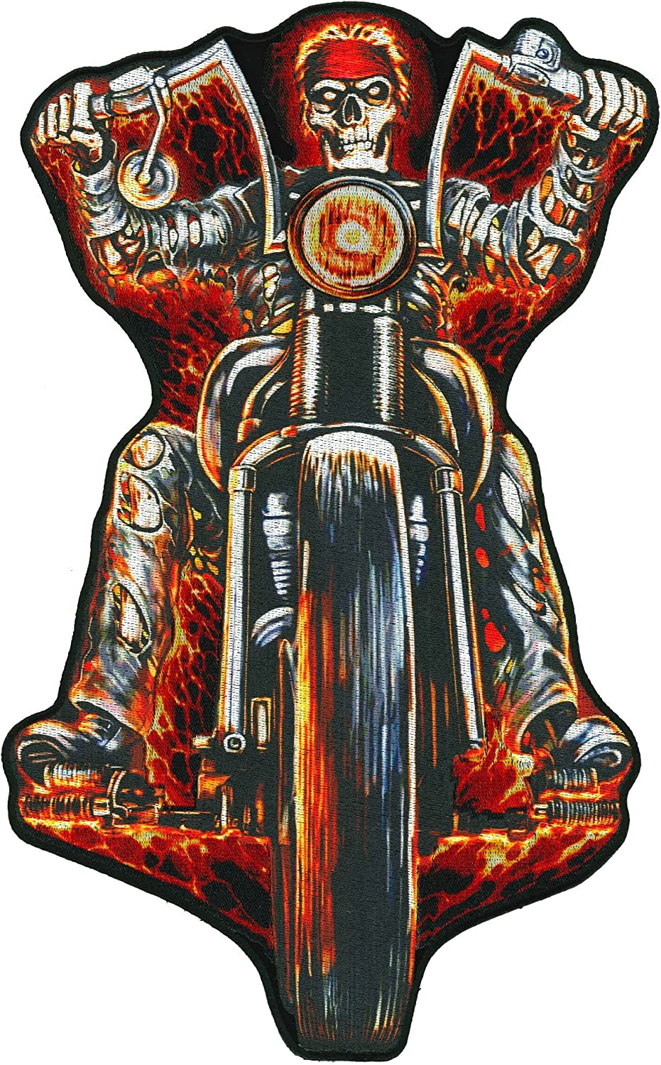 FIRE BIKER, PATCH - Fire Biker Embroidered High Thread Iron-On Heat Sealed Backing Sew-On Biker's Large Patch - 8" x 13"