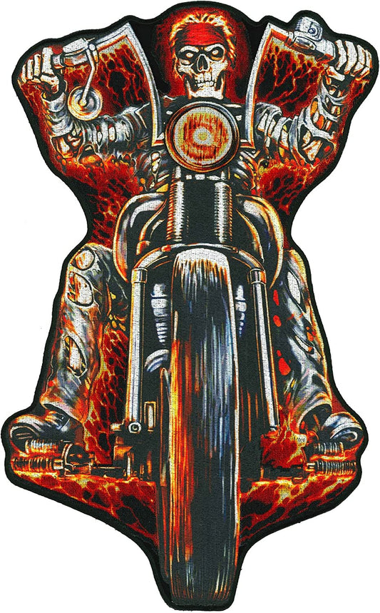 FIRE BIKER, PATCH - Fire Biker Embroidered High Thread Iron-On Heat Sealed Backing Sew-On Biker's Large Patch - 8" x 13"