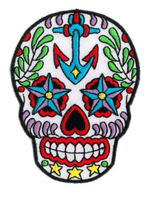 Sunny Buick, Ancre Sugar Skull Day Of Dead with Anchor & Nautical Stars, - 3.5" x 2.75" - Intricate Stitching Iron/Saw-O