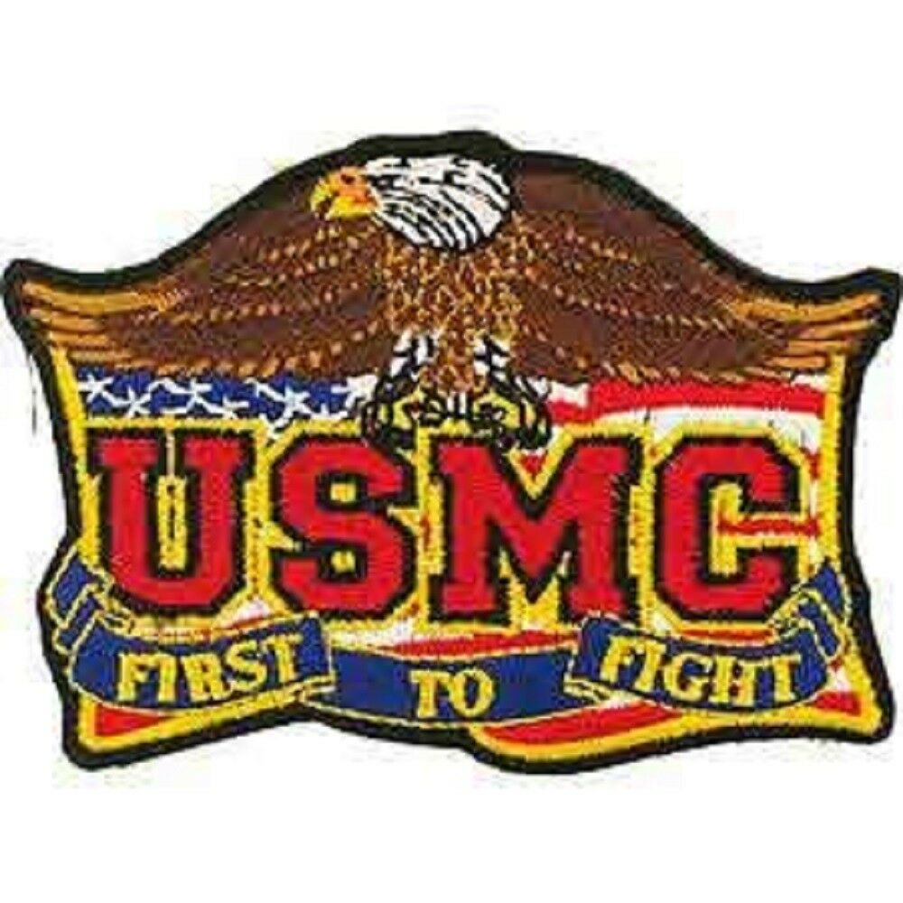 UNITED STATES MILITARY PATCH, USMC FIRST TO FIGHT EAGLE LOGO - Embroidered Sew On / Iron On Patriotic PATCH - 3.5"