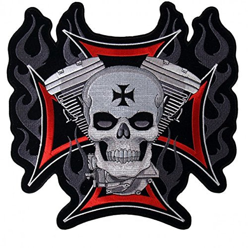 CROSS; MOTOR AND SKULL, Iron-On / Saw-On Rayon PATCH - 11" x 11", Exceptional Quality