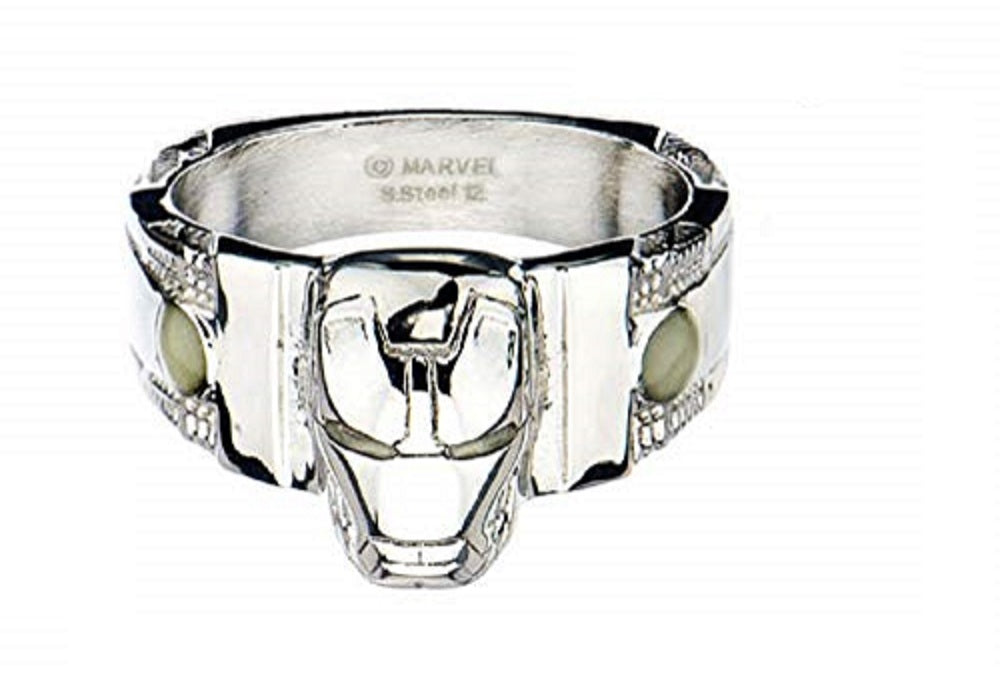 Officially Licensed Original Artwork Iron Man Face Glow in The Dark Eyes Stainless Steel Men's 3D Ring,