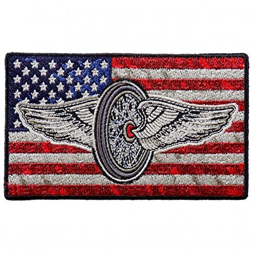 USA FLAG, PATCH - FLYING WHEEL on US American Flag Patriotic High Thread Iron-On Heat Sealed Backing Sew-On Biker's Patch - 4" x 2"
