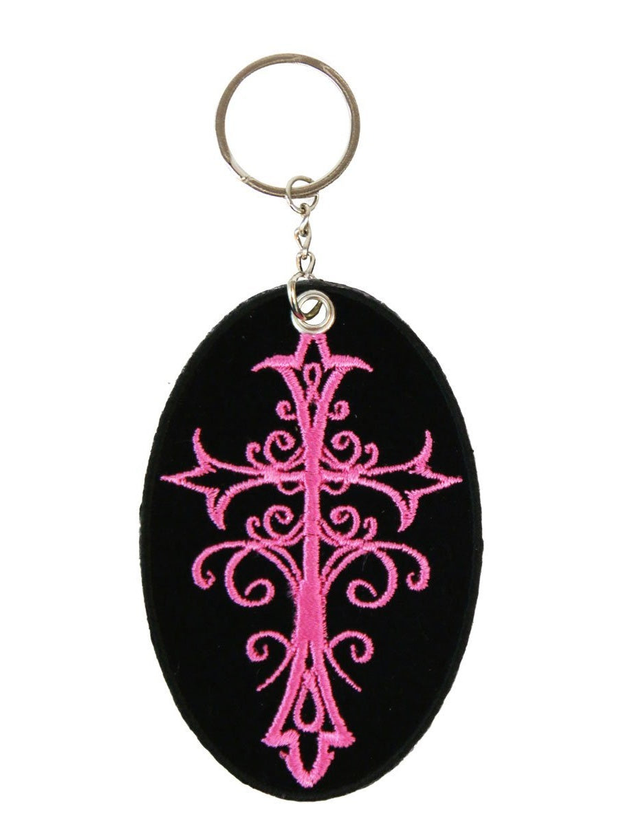 Double Sided Key Chains, PINK CRUCIFIX - High Quality Embroidered PATCH KEYCHAIN - 2" x 3"