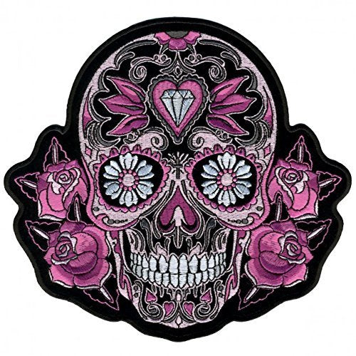 PINK SUGAR SKULL AND ROSES, High Quality Iron-On / Saw-On, Heat Sealed Backing Rayon PATCH - 8" x 8"