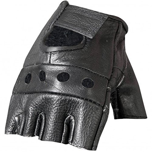 FINGERLESS, Long Lasting Biker Leather GLOVES - Black (L)