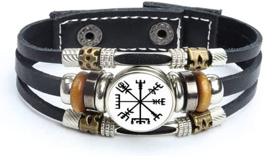 Vegvisir Viking Runic White Compass PU Leather Bracelet w/ Hand-Woven Glass Dome Top Snap Button Wristband - Black