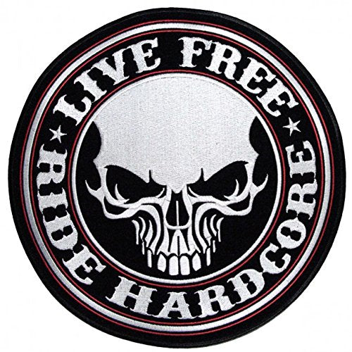 LIVE FREE RIDE HARDCORE STENCIL SKULL, Iron-On / Saw-On, Heat Sealed Backing Rayon PATCH - 10" x 10"