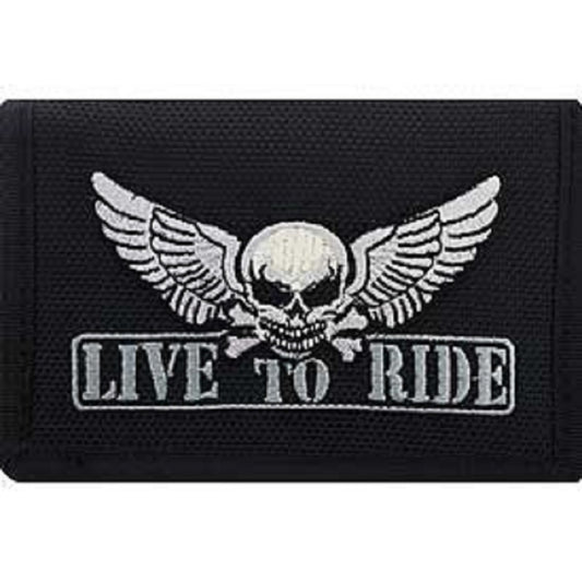 SKULL WALLET - LIVE TO RIDE - Patriotic Embroidered Logo Heavy Duty Trifold Nylon Wallet - 3.5" x 5"