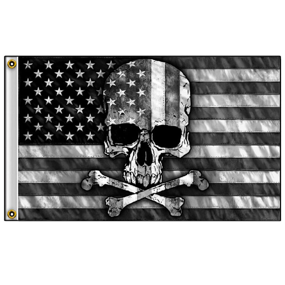 GRAY SKULL FLAG - Cross Bone Under Skull in US Flag, Wear & Sun Resistant Waterproof 100% Polyester Grey Flag - 3' x 5'