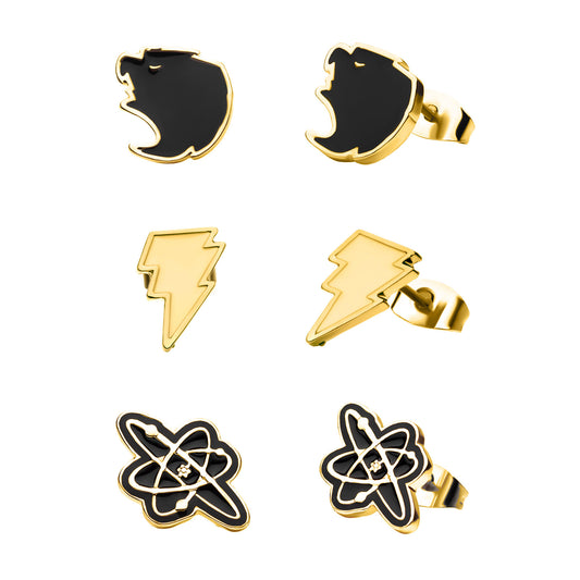 DC Comics BLACK ADAM 3 PAIRS STUD EARRINGS SET - Officially Licensed Warner Bros. Stainless Steel Premium Quality Enamel Stud EARRINGS