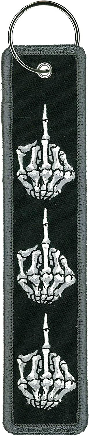 SKELTON MIDDLE FINGER, FOB KEYCHAIN - Double Sided High-Quality Full Thread Embroidered Rayon Biker FOB Keychain - 1.25" x 6.2"