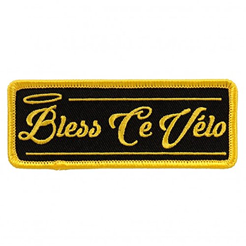 BLESS CE VELO BLESS THIS BIKE, High Thread Embroidered Iron-On / Saw-On, Heat Sealed Backing Rayon PATCH - 4" x 1"