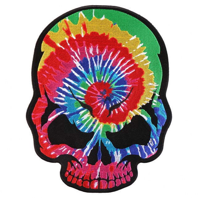 TIE DYE ROCKER SKULL, High Thread Embroidered Iron-On / Saw-On, Heat Sealed Backing Rayon PATCH - 8" x 10"