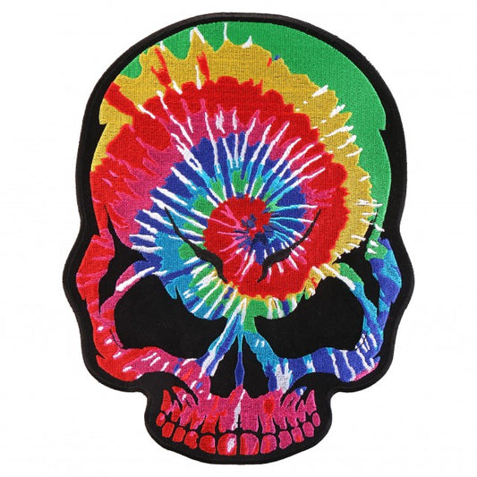 TIE DYE ROCKER SKULL, High Thread Embroidered Iron-On / Saw-On, Heat Sealed Backing Rayon PATCH - 8" x 10"