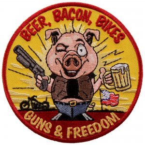 BEER BACON BIKES, PATCH - Beer Bacon Bikes Guns & Freedom High Thread Iron-On Heat Sealed Backing Sew-On Biker's Patch - 4" x 4"
