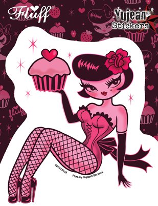 Fluff - Cupcake Doll Girl with Fishnet Stockings, 4.25"x 5" - Die-Cut Sticker DECAL, Weather/UV Resistant, Long Lasting