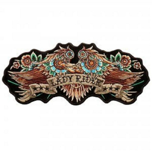 LADY RIDER, PATCH - Lady Rider Banner Eagle High Thread Iron-On Heat Sealed Backing Sew-On Biker's Large Patch - 8" x 3"