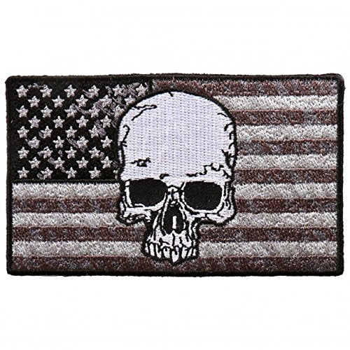 USA FLAG, PATCH - GREY SKULL on US American Flag Patriotic High Thread Iron-On Heat Sealed Backing Sew-On Biker's Patch - 4" x 2"