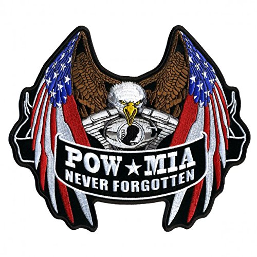 POW MIA NEVER FORGOTTEN FLAG EAGLE, Embroidered Iron-On / Saw-On Rayon PATCH - 10" x 9"