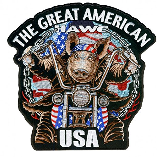 THE GREAT AMERICAN HAWG, Iron-On / Saw-On, Heat Sealed Backing Rayon USA BIKER PATCH - 4" x 4"