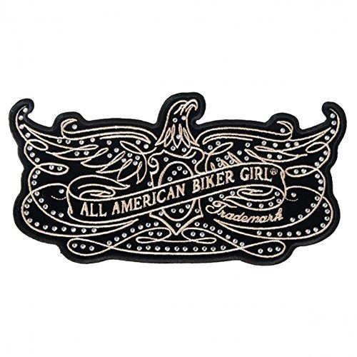 FILIGREE, "ALL AMERICAN BIKER GIRL", High Thread Embroidered Iron-On / Saw-On Rayon PATCH - 8" x 4"