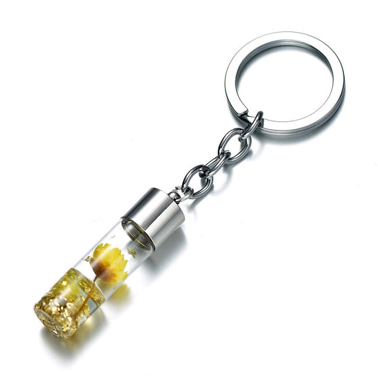 Glass Wish Bottle Keychain, Wish Drift Bottle w/ Dried Flower Pendant Charms Key Ring - Yellow