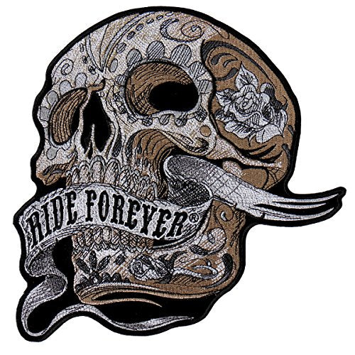 BANNER SKULL, High Thread Embroidered Iron-On / Saw-On Rayon PATCH - 4" x 4", Exceptional Quality