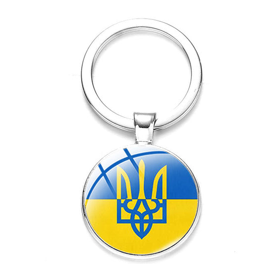 UKRAINE FLAG KEYCHAIN - The Tryzub Key Chain - The Ukrainian Symbol with Glass Cabochon Alloy Key Ring, 3cm