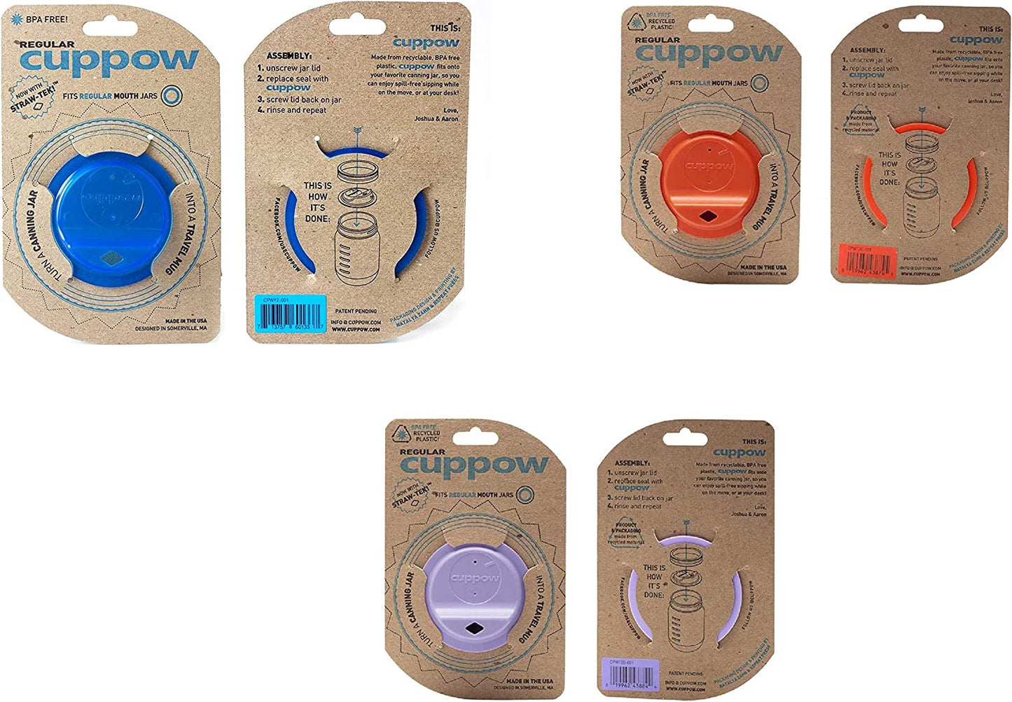 CUPPOW Original Regular Mouth Canning Jar Drinking Lid, Blue/Coral/Lavender, Made in USA (3-Pack)