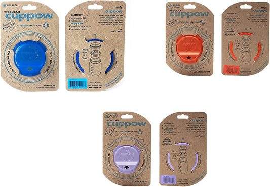 CUPPOW Original Regular Mouth Canning Jar Drinking Lid, Blue/Coral/Lavender, Made in USA (3-Pack)