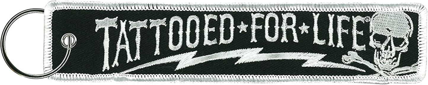 TATTOOED FOR LIFE SKULL BOLT, FOB KEYCHAIN - Double Sided High-Quality Full Thread Embroidered Rayon Biker's Keychain - 1.25" x 6.2"