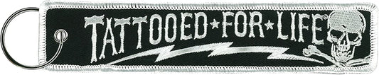 TATTOOED FOR LIFE SKULL BOLT, FOB KEYCHAIN - Double Sided High-Quality Full Thread Embroidered Rayon Biker's Keychain - 1.25" x 6.2"