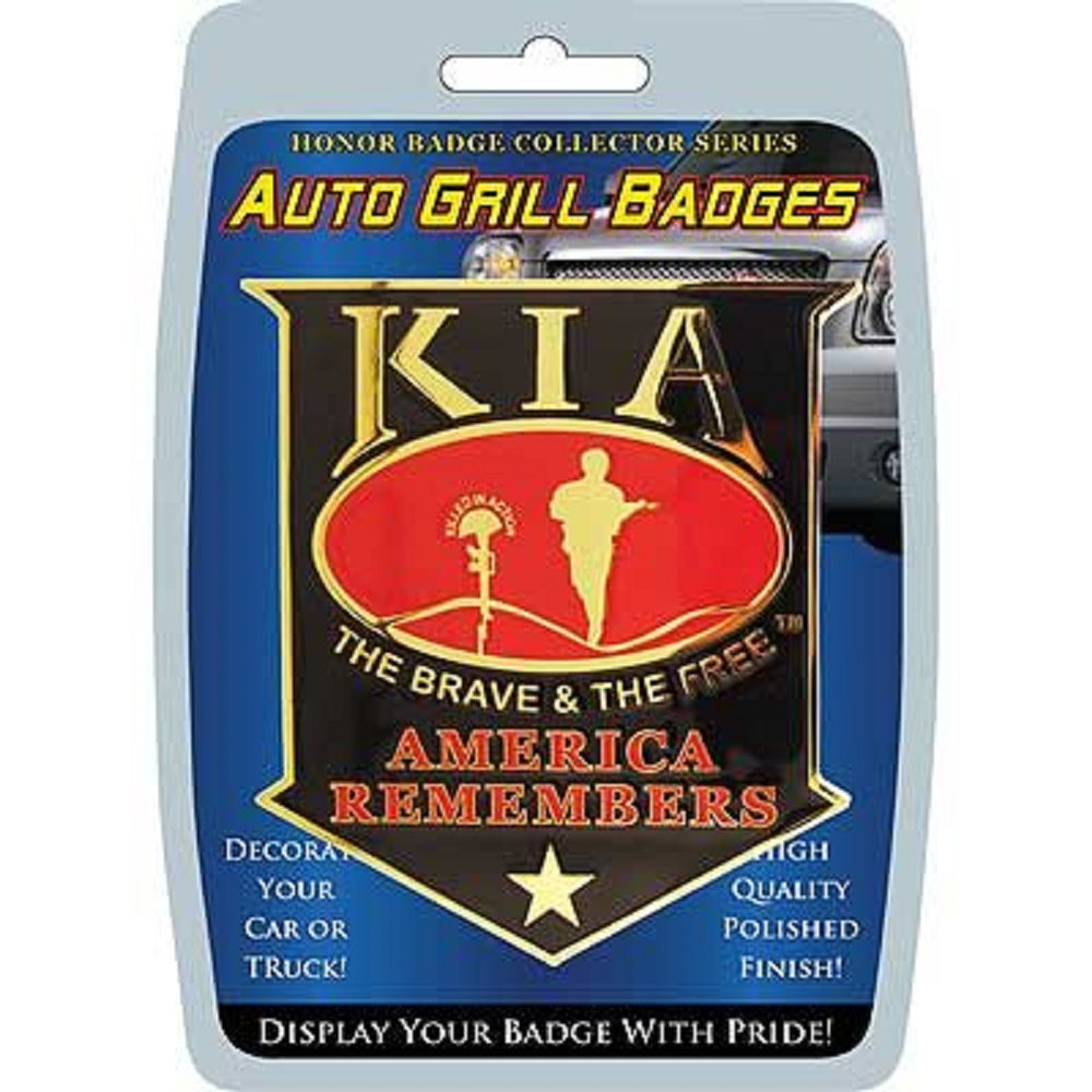 KIA HONOR AMERICA REMEMBERS, The Brave & The Free, Polished Finish, Weatherproof Car Grill Badge - 3.375"