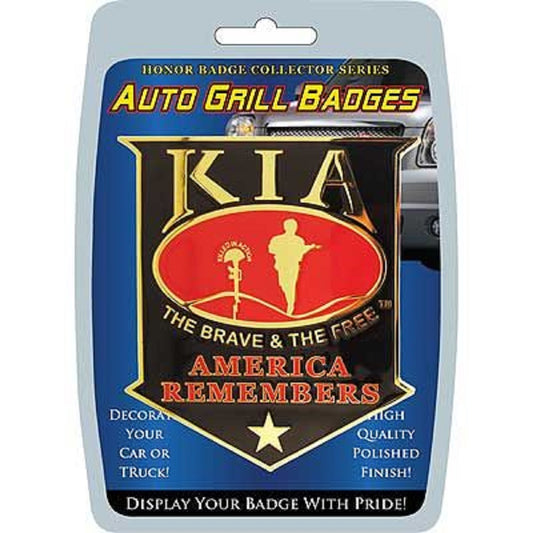 KIA HONOR AMERICA REMEMBERS, The Brave & The Free, Polished Finish, Weatherproof Car Grill Badge - 3.375"