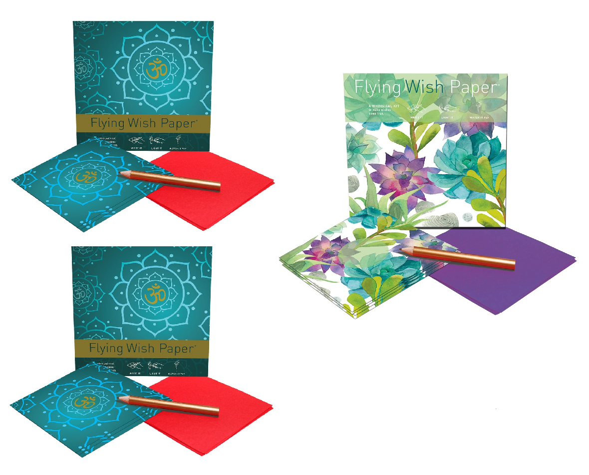 Flying Wish Paper Combo Pack, 2 x Golden Om + 1 x Cactus Green, Mini Kit Combos, Write it, Light it, Watch it Fly, 3 x Mini Kits - 5" x 5" Each
