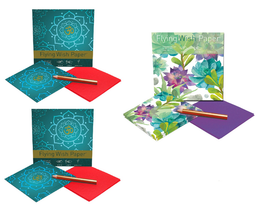 Flying Wish Paper Combo Pack, 2 x Golden Om + 1 x Cactus Green, Mini Kit Combos, Write it, Light it, Watch it Fly, 3 x Mini Kits - 5" x 5" Each