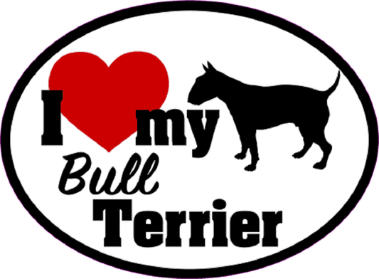 I LOVE MY BULL TERRIER Sticker - Orignal Artwork Vinyl - Dog Lover's Oval Decal Sticker - 3.5" x 4.75"