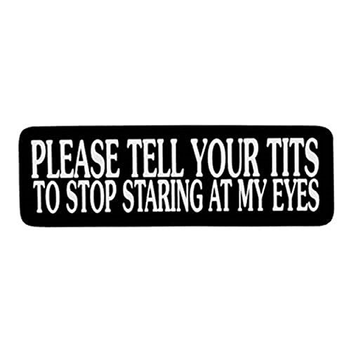 Please Tell Your Tits Helmet Stickers - Novelty Artwork Biker Decals, 4" x 1"