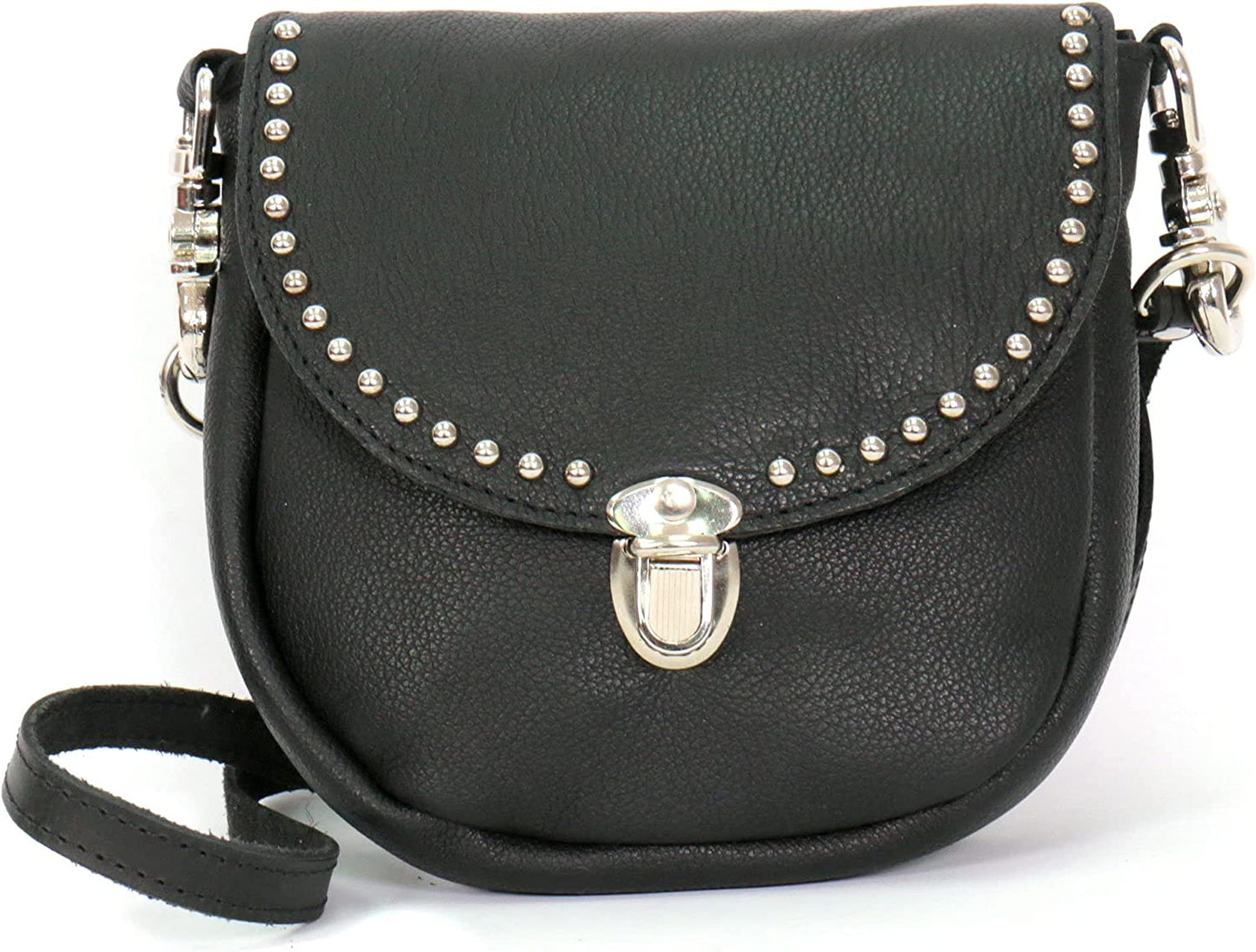 Black Ladies Clip Pouch Purse, Adjustable Crossbody Strap Lobster Claw Clips Genuine Top Grain Cowhide Pouch , 7" x 7" x 1"