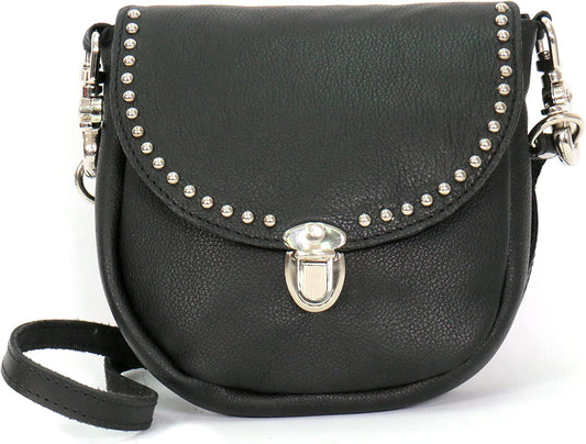 Black Ladies Clip Pouch Purse, Adjustable Crossbody Strap Lobster Claw Clips Genuine Top Grain Cowhide Pouch , 7" x 7" x 1"