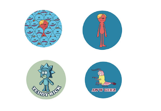 RICK & MORTY COMBO PACK BUTTONS - Orange Face and Man, Teddy Rick & Aww Geez Original Artwork Combo 4 x Buttons