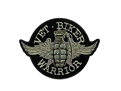 GRENADE, Vet-Biker-Warrior - High Quality Iron-On / Saw-On, Heat Sealed Backing Rayon PATCH - 4" x 3"