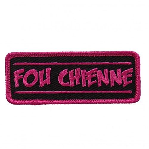 FOU CHIENNE, High Thread Embroidered Iron-On / Saw-On, Heat Sealed Backing Rayon PATCH - 4" x 1"