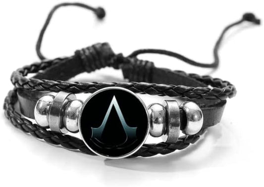 Game Bravo Faith Charm Bracelet, The Assassin's Creed Gray with Glass Photo Dome Button Multilayer PU Leather Wristband - Black