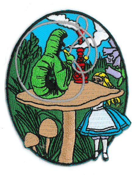 ALICE And CATERPILLAR - Orginal Artwork Embroidered Iron On Patch - 3.25" x 2.5"